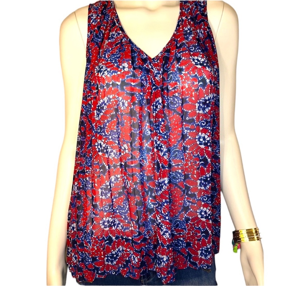 MICHAEL Michael Kors ~ Sleeveless Pleated Sheer Top ~ Red Blue White ~ Small